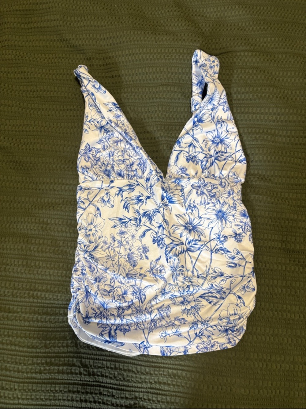 White & Blue Floral V-Neck Women's Tank Top
